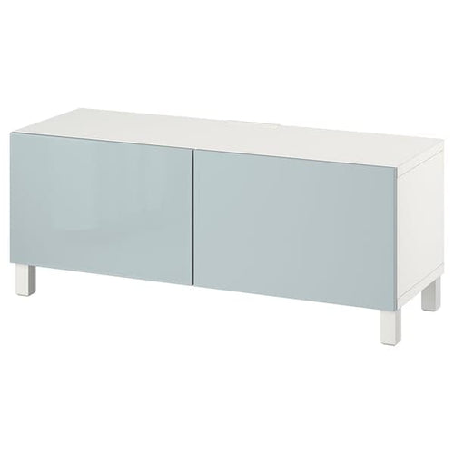 BESTÅ - TV bench with doors, white Selsviken/Stubbarp/light grey-blue, 120x42x48 cm
