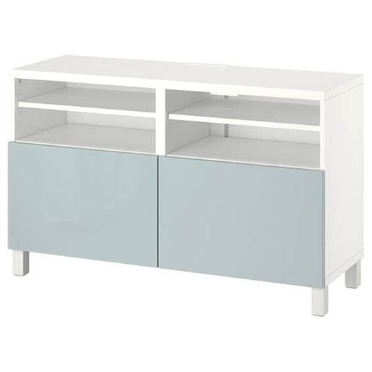 Ikea BESTÅ - TV bench with doors, white/Selsviken/Stubbarp light grey-blue, 120x42x74 cm