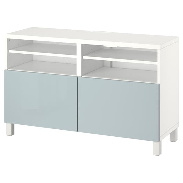 BESTÅ - TV bench with doors, white/Selsviken/Stubbarp light grey-blue, 120x42x74 cm