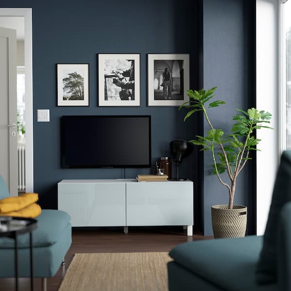 Ikea BESTÅ - TV bench with doors, white Selsviken/Stubbarp/light grey-blue, 120x42x48 cm