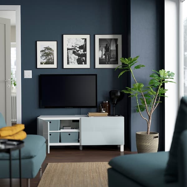 BESTÅ - TV bench with doors, white Selsviken/Stubbarp/light grey-blue, 120x42x48 cm - best price from Maltashopper.com 39419450