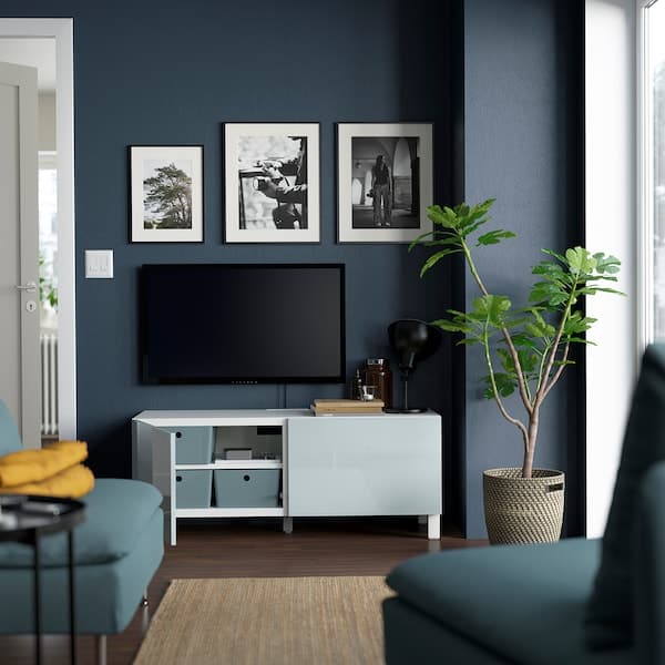 Ikea BESTÅ - TV bench with doors, white Selsviken/Stubbarp/light grey-blue, 120x42x48 cm