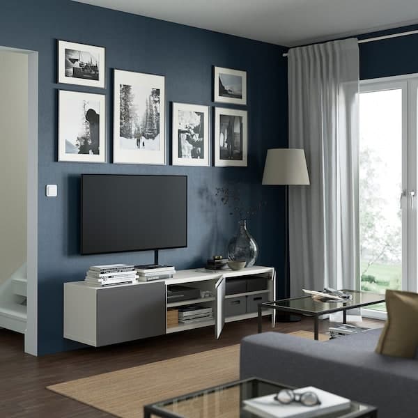 BESTÅ - TV bench with doors, white/Västerviken grey, 180x42x38 cm - best price from Maltashopper.com 29422212