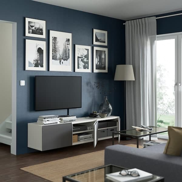 Ikea BESTÅ - TV bench with doors, white/Västerviken grey, 180x42x38 cm