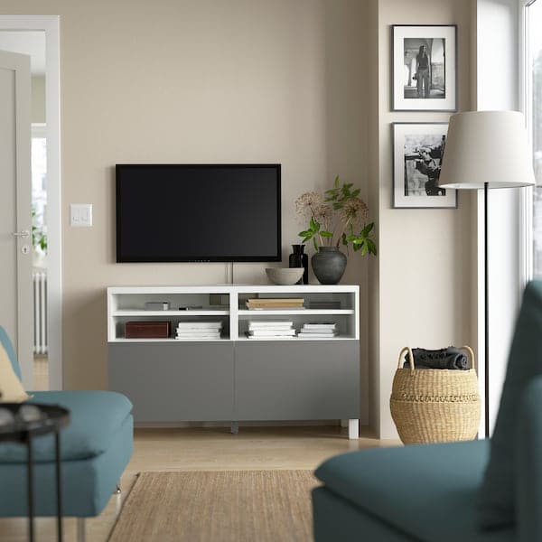 Ikea BESTÅ - TV bench with doors, white/Västerviken/Stubbarp dark grey, 120x42x74 cm