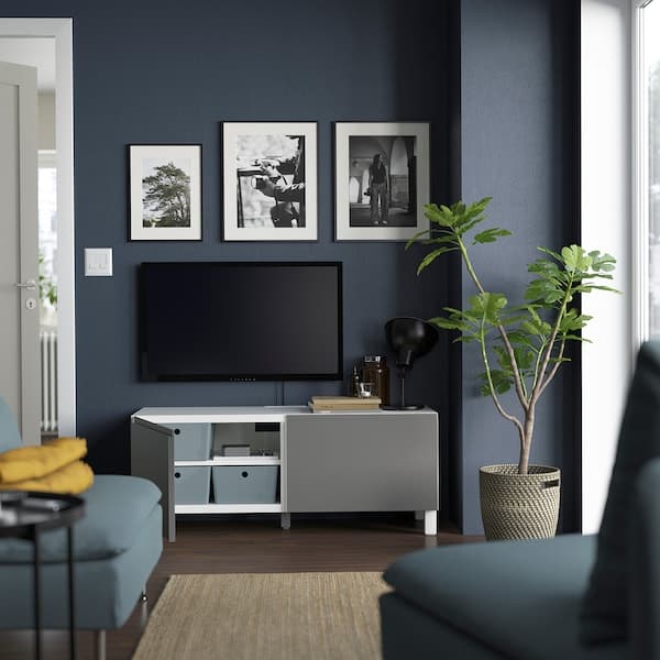 Ikea BESTÅ - TV bench with doors, white Västerviken/Stubbarp/grey, 120x42x48 cm