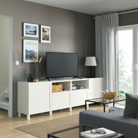 BESTÅ - TV bench with doors and drawers, white/Hanviken/Stubbarp white, 240x42x74 cm - best price from Maltashopper.com 09297520