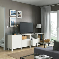 BESTÅ - TV bench with doors and drawers, white/Hanviken/Stubbarp white, 240x42x74 cm - best price from Maltashopper.com 79401354