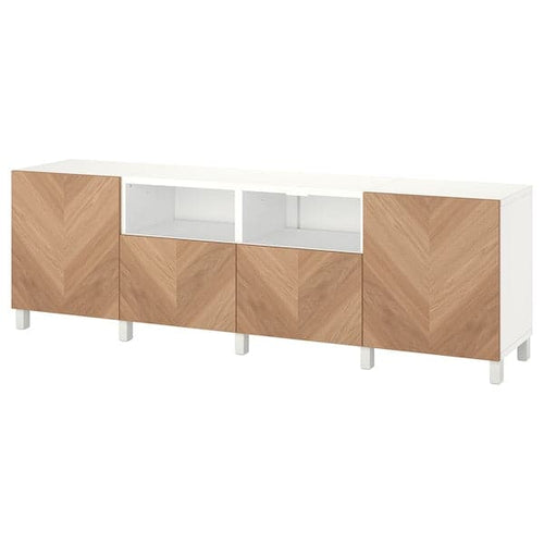 BESTÅ - TV bench with doors and drawers, white/Hedeviken/Stubbarp oak veneer, 240x42x74 cm