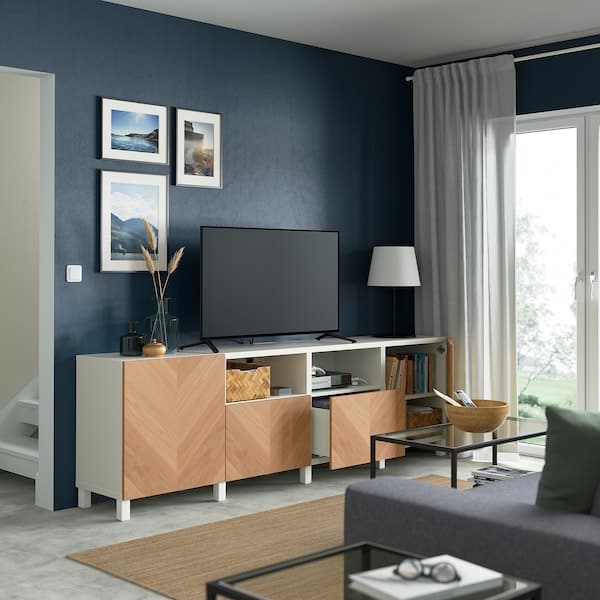 Ikea BESTÅ - TV bench with doors and drawers, white/Hedeviken/Stubbarp oak veneer, 240x42x74 cm