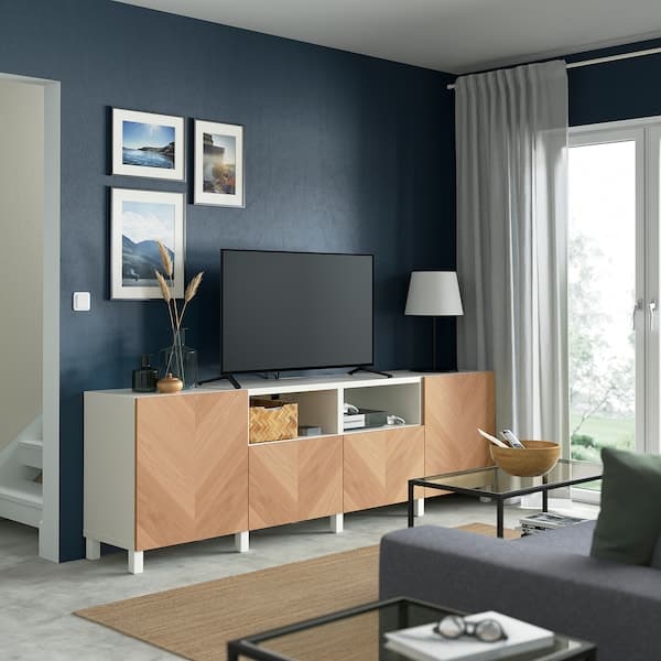 Ikea BESTÅ - TV bench with doors and drawers, white/Hedeviken/Stubbarp oak veneer, 240x42x74 cm