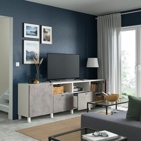 BESTÅ - TV bench with doors and drawers, white/Kallviken/Stubbarp light grey, 240x42x74 cm - best price from Maltashopper.com 59435939