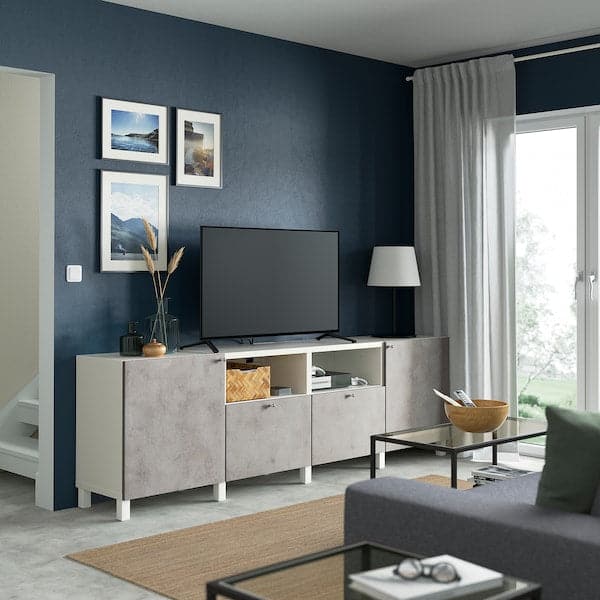 Ikea BESTÅ - TV bench with doors and drawers, white/Kallviken/Stubbarp light grey, 240x42x74 cm