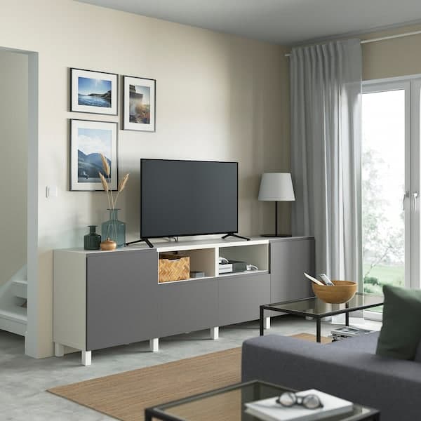 Ikea BESTÅ - TV bench with doors and drawers, white/Västerviken dark grey, 240x42x74 cm
