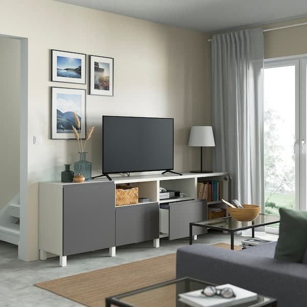 BESTÅ - TV bench with doors and drawers, white/Västerviken dark grey, 240x42x74 cm - best price from Maltashopper.com 49434756