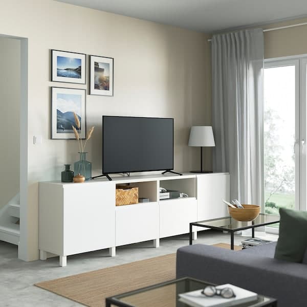 BESTÅ - TV bench with doors and drawers, white/Västerviken/Stubbarp white, 240x42x74 cm - best price from Maltashopper.com 69434755