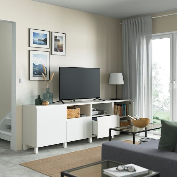 BESTÅ - TV bench with doors and drawers, white/Västerviken/Stubbarp white, 240x42x74 cm - best price from Maltashopper.com 69434755