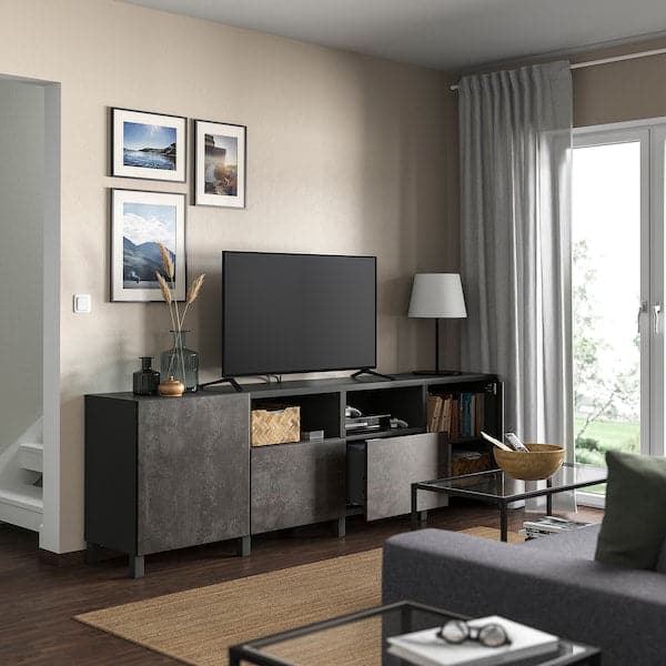 Ikea BESTÅ - TV bench with doors and drawers, dark grey/Kallviken/Stubbarp dark grey, 240x42x74 cm