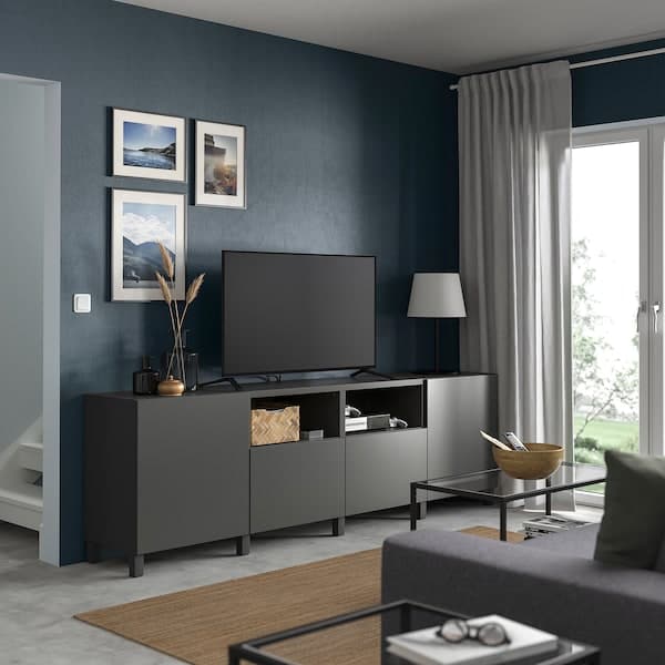 Ikea BESTÅ - TV bench with doors and drawers, dark grey/Lappviken/Stubbarp dark grey, 240x42x74 cm