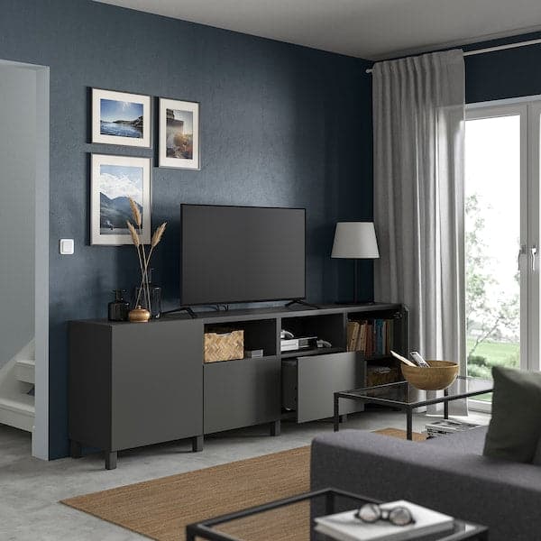 BESTÅ - TV bench with doors and drawers, dark grey/Lappviken/Stubbarp dark grey, 240x42x74 cm - best price from Maltashopper.com 19507886