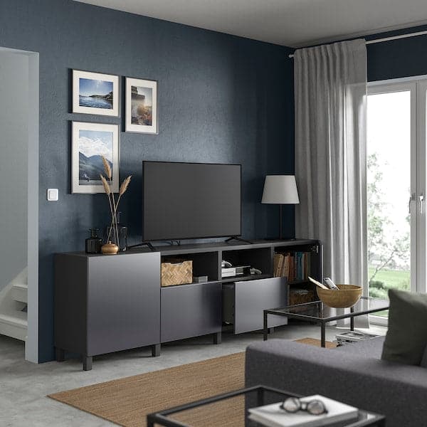 BESTÅ - TV bench with doors and drawers, dark grey/Riksviken/Stubbarp brushed dark pewter effect, 240x42x74 cm - best price from Maltashopper.com 59556040