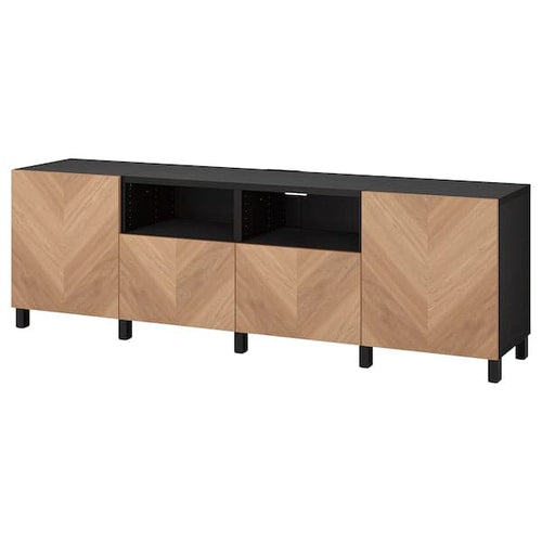 BESTÅ - TV bench with doors and drawers, black-brown/Hedeviken/Stubbarp oak veneer, 240x42x74 cm