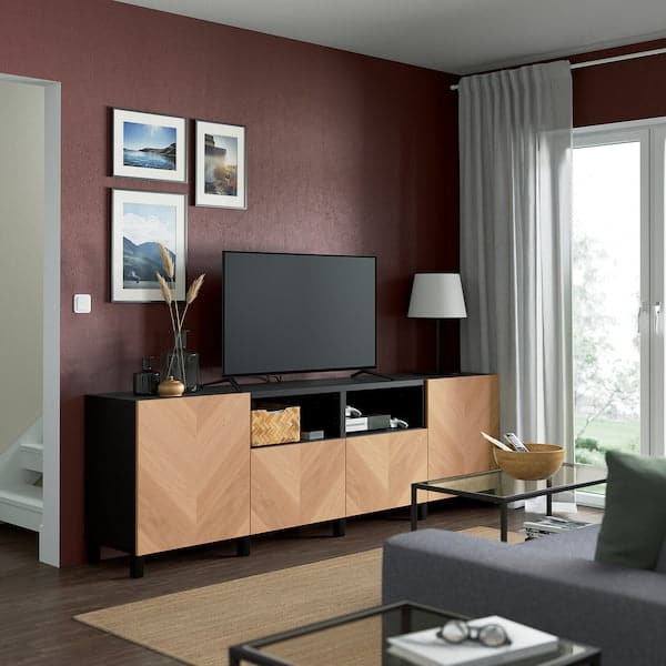 Ikea BESTÅ - TV bench with doors and drawers, black-brown/Hedeviken/Stubbarp oak veneer, 240x42x74 cm