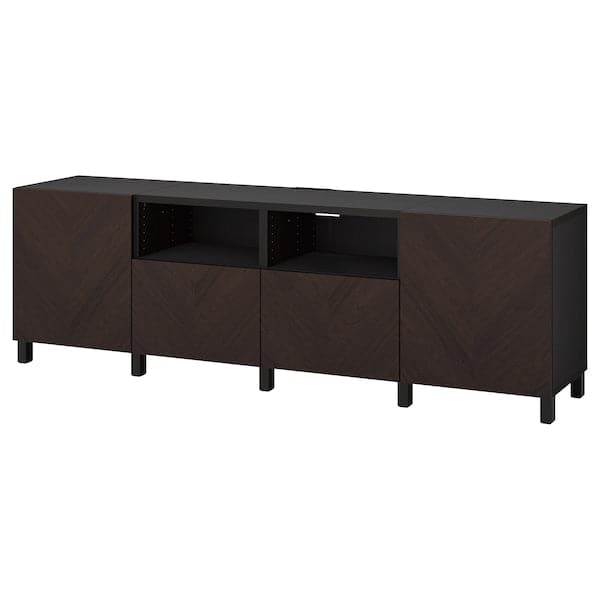 Ikea BESTÅ - TV bench with doors and drawers, black-brown Hedeviken/Stubbarp/dark brown stained oak veneer, 240x42x74 cm