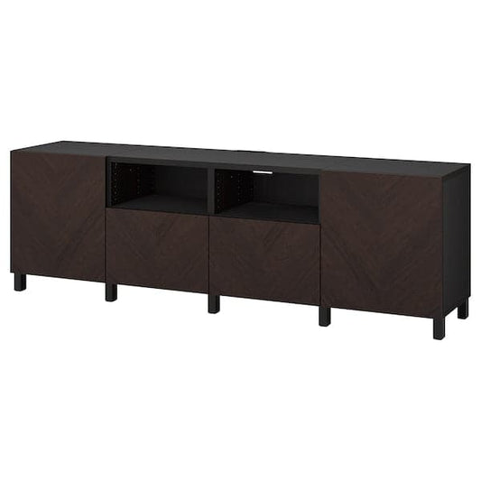 Ikea BESTÅ - TV bench with doors and drawers, black-brown Hedeviken/Stubbarp/dark brown stained oak veneer, 240x42x74 cm