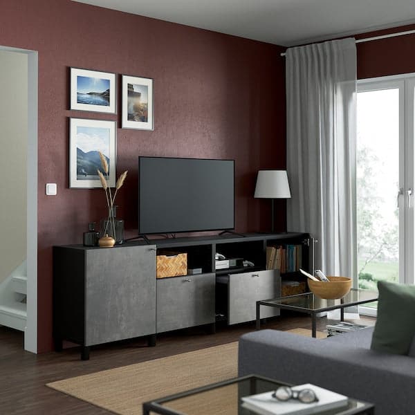 Ikea BESTÅ - TV bench with doors and drawers, black-brown/Kallviken/Stubbarp dark grey, 240x42x74 cm