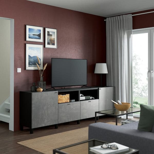 BESTÅ - TV bench with doors and drawers, black-brown/Kallviken/Stubbarp dark grey, 240x42x74 cm - best price from Maltashopper.com 19435936