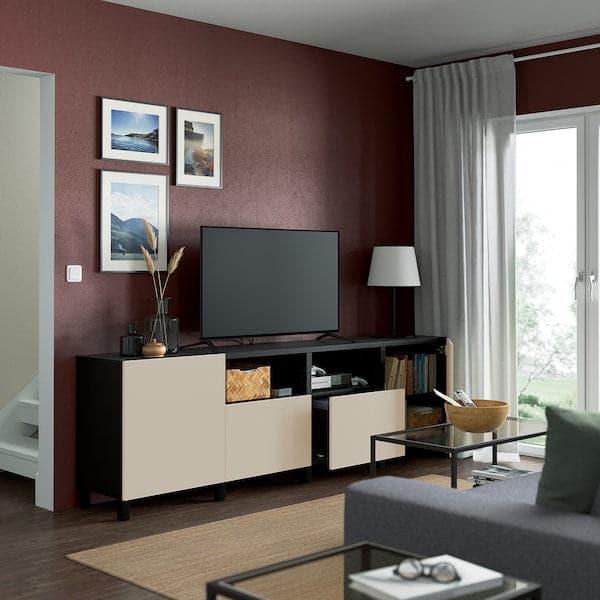 Ikea BESTÅ - TV bench with doors and drawers, black-brown/Lappviken/Stubbarp light grey/beige, 240x42x74 cm