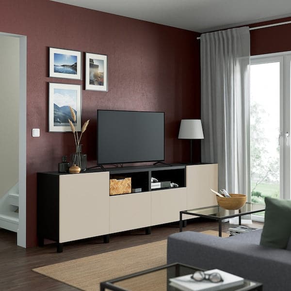 Ikea BESTÅ - TV bench with doors and drawers, black-brown/Lappviken/Stubbarp light grey/beige, 240x42x74 cm