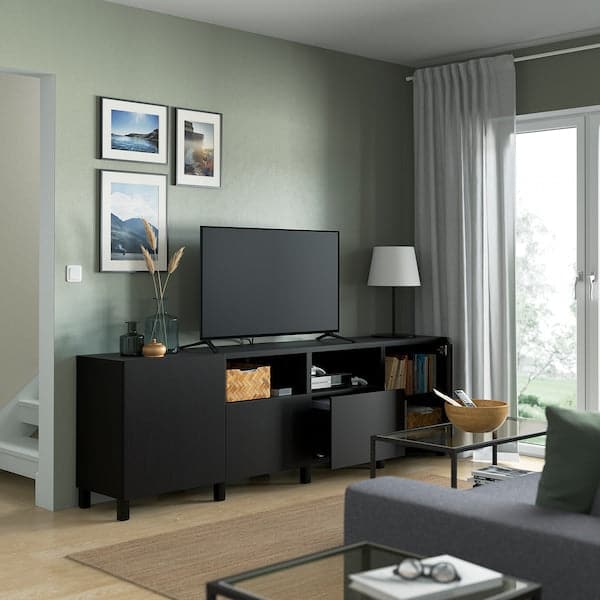 Ikea BESTÅ - TV bench with doors and drawers, black-brown/Lappviken/Stubbarp black-brown, 240x42x74 cm