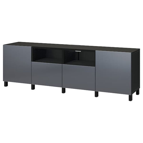BESTÅ TV bench with doors and drawers, black-brown/Riksviken/Stubbarp brushed dark pewter effect, 240x42x74 cm