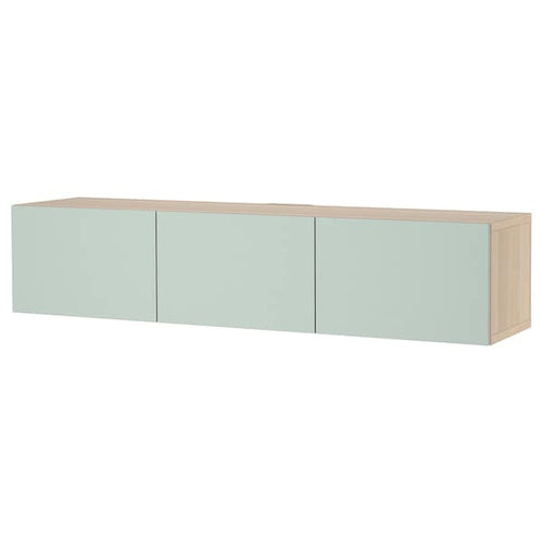 BESTÅ - TV bench with doors, white stained oak effect/Hjortviken/Stubbarp pale grey-green, 180x42x38 cm