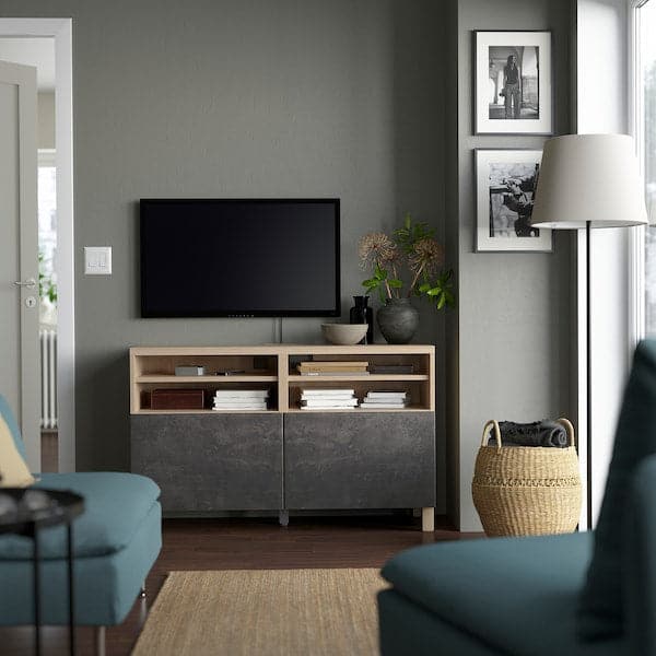 Ikea BESTÅ - TV bench with doors, white stained oak effect Kallviken/Stubbarp/dark grey concrete effect, 120x42x74 cm