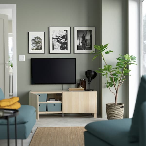 Ikea BESTÅ - TV bench with doors, white stained oak effect/Lappviken/Stubbarp white stained oak effect, 120x42x48 cm