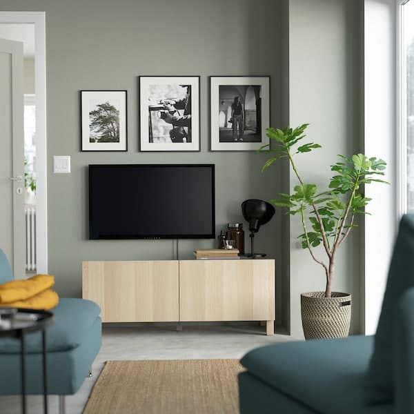 Ikea BESTÅ - TV bench with doors, white stained oak effect/Lappviken/Stubbarp white stained oak effect, 120x42x48 cm