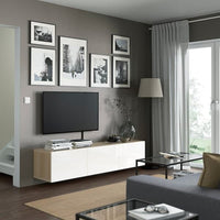 BESTÅ - TV bench with doors, white stained oak effect/Selsviken high-gloss/white, 180x42x38 cm - best price from Maltashopper.com 59330715