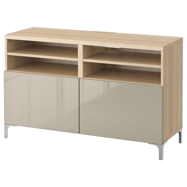 BESTÅ Mobile TV with doors - white biting oak effect/Selsviken/Glossy/beige Nannarp 120x42x74 cm - best price from Maltashopper.com 29067801