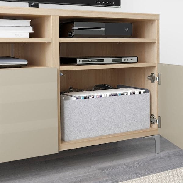 BESTÅ Mobile TV with doors - white biting oak effect/Selsviken/Glossy/beige Nannarp 120x42x74 cm - best price from Maltashopper.com 29067801