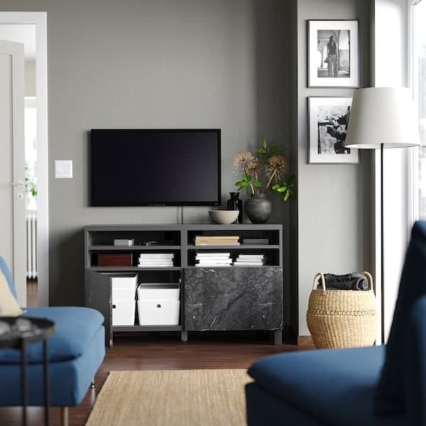 BESTÅ - TV bench with doors, dark grey/Bergsviken/Stubbarp black, 120x42x74 cm - best price from Maltashopper.com 79506092
