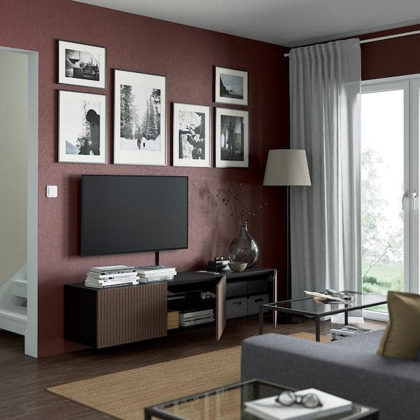 BESTÅ - TV bench with doors, black-brown Björköviken/brown stained oak veneer, 180x42x38 cm - best price from Maltashopper.com 69422187