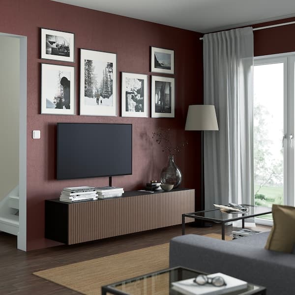 BESTÅ - TV bench with doors, black-brown Björköviken/brown stained oak veneer, 180x42x38 cm - best price from Maltashopper.com 69422187