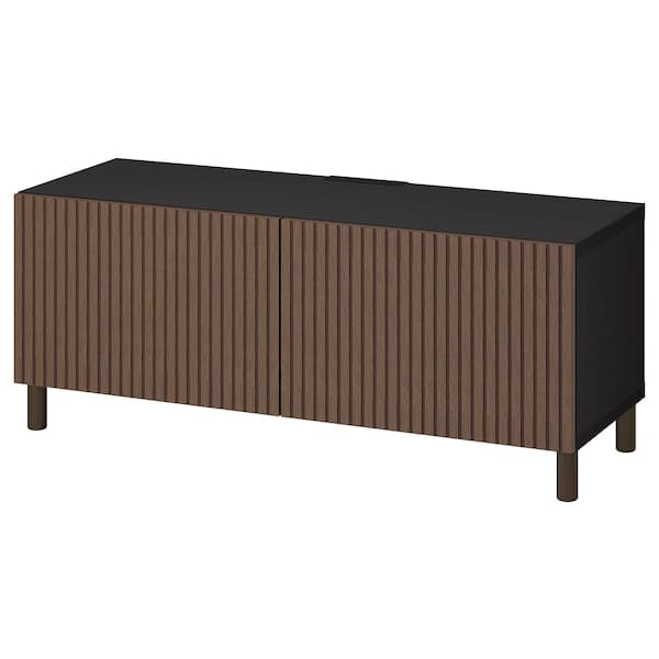 BESTÅ - TV bench with doors, black-brown Björköviken/Mejarp/brown stained oak veneer, 120x42x48 cm