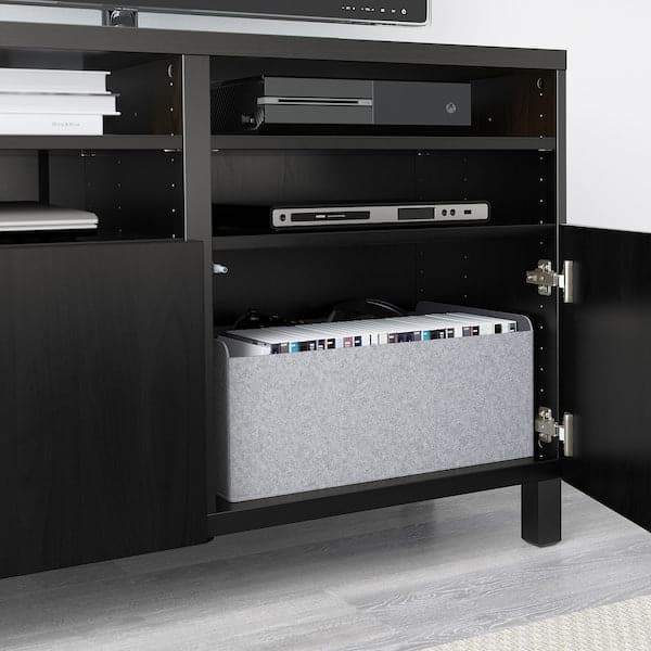 BESTÅ - TV bench with doors, black-brown Björköviken/Stubbarp/brown stained oak veneer, 120x42x74 cm - best price from Maltashopper.com 29420492