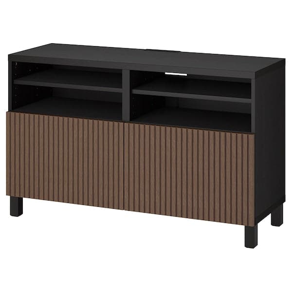 BESTÅ - TV bench with doors, black-brown Björköviken/Stubbarp/brown stained oak veneer, 120x42x74 cm