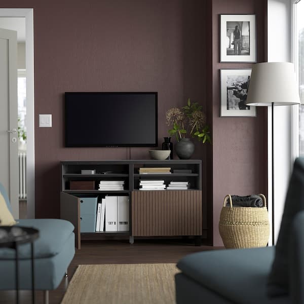 BESTÅ - TV bench with doors, black-brown Björköviken/Stubbarp/brown stained oak veneer, 120x42x74 cm - best price from Maltashopper.com 29420492
