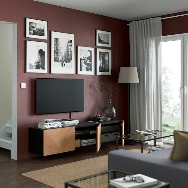 BESTÅ - TV bench with doors, black-brown/Hedeviken oak veneer, 180x42x38 cm - best price from Maltashopper.com 59422178